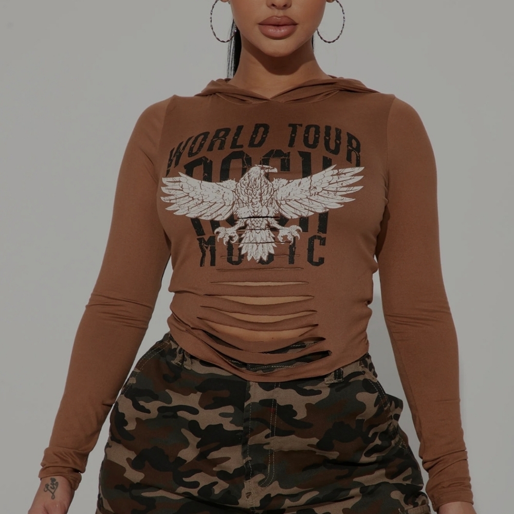 Fashion Nova Camel/Brown Rock On Distressed Long sleeve Hoodie 1X